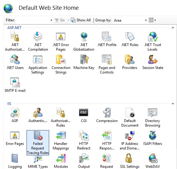 [失敗した要求トレース ルール] 機能が選択されていることを示す [既定の Web サイト ホーム] ウィンドウのスクリーンショット。