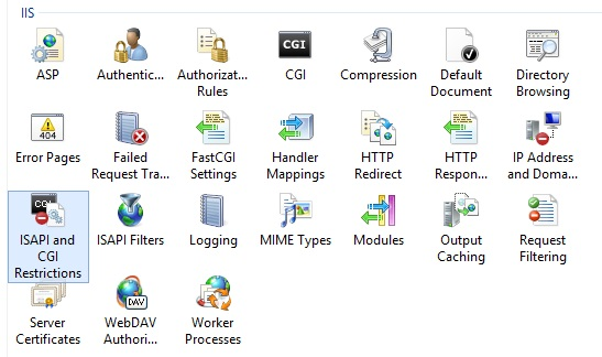 I S A P I と C G I の制限が選択されている I I S マネージャー ウィンドウのスクリーンショット。