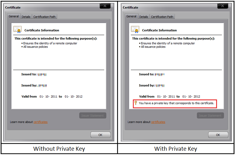 [証明書] ダイアログの 2 つのスクリーンショット。秘密キーがありません。もう 1 つには、秘密キーが証明書に対応していることを示すメッセージが表示されます。