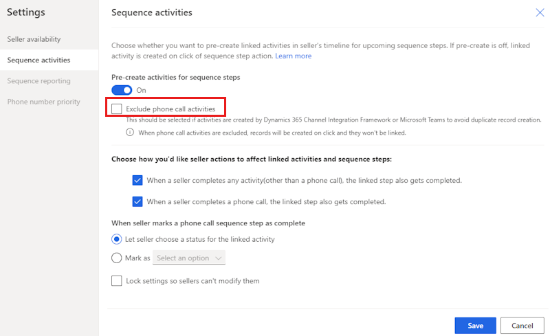[Sales accelerator settings]\(セールス アクセラレータ設定\) の [シーケンス アクティビティ] ページの [通話アクティビティを除外する] チェック ボックスを示すスクリーンショット。