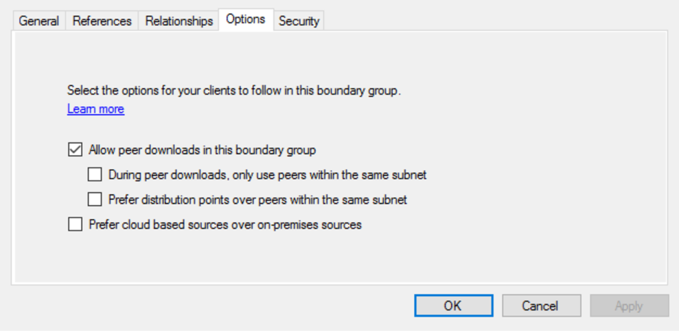 [オプション] タブの [この境界グループでピアのダウンロードを許可する] 設定のスクリーンショット。