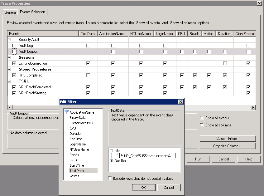 MP_GetWSUSServerLocationを呼び出すSQL Server Profilerの構成を示すスクリーンショット。