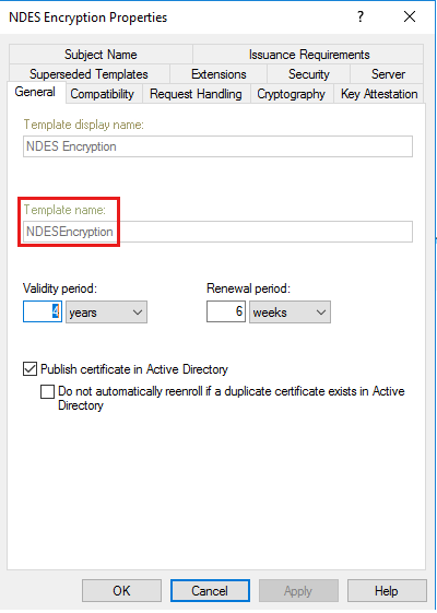 テンプレート名を示す NDES Encryption プロパティのスクリーンショット。