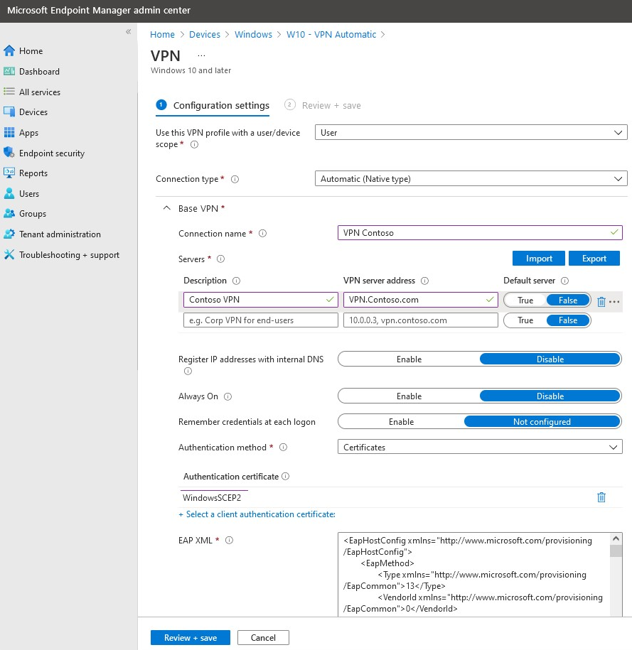 Windows 用 VPN プロファイルを作成する方法を示すスクリーンショット。