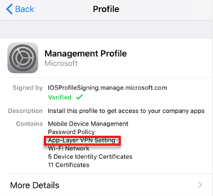 管理プロファイルに VPN プロファイルがあることを示すスクリーンショット。