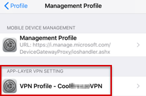 VPN プロファイルが [管理プロファイル] に一覧表示されていることを示すスクリーンショット。