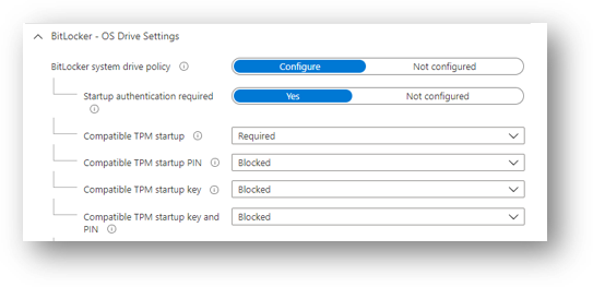 互換性のある TPM スタートアップが [必須] に設定されていることを示す BitLocker OS ドライブ設定。