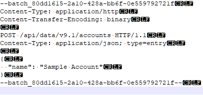 すべての行の CRLF 終了を含むバッチ要求本文を示すスクリーンショット。