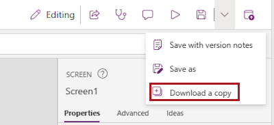 Power Apps Studio の [保存] メニュー項目の展開されたサブメニューを示すスクリーンショット。[コピーのダウンロード] オプションが強調表示されています。