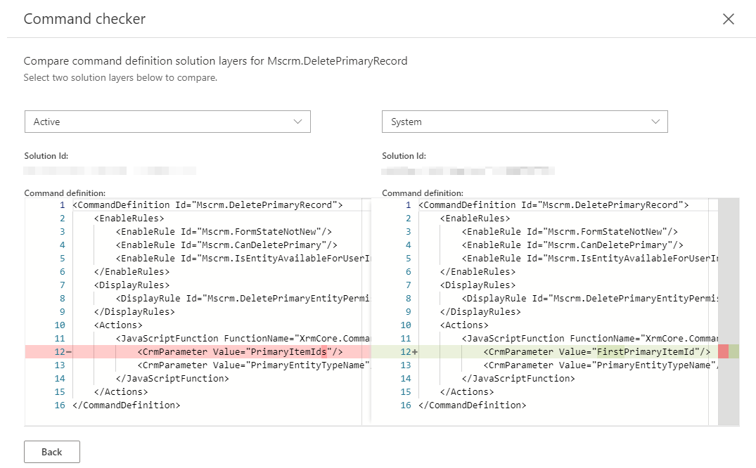 現在アクティブな定義と以前の非アクティブな定義の比較の違いを示すスクリーンショット。