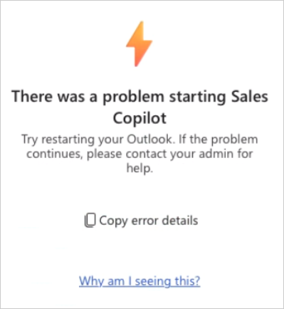 Microsoft Outlook で [Copilot for Sales] ウィンドウを開くときのサインイン エラーを示すスクリーンショット。