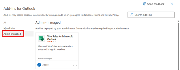 管理者が管理するセクションを示すスクリーンショット。このセクションでは、Microsoft Outlook 用 Copilot for Sales アドインが一覧表示されているかどうかを確認できます。