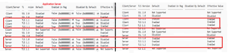 アプリケーション サーバーで TLS 1.0、1.1、1.2 が有効になっていることを示すスクリーンショット。