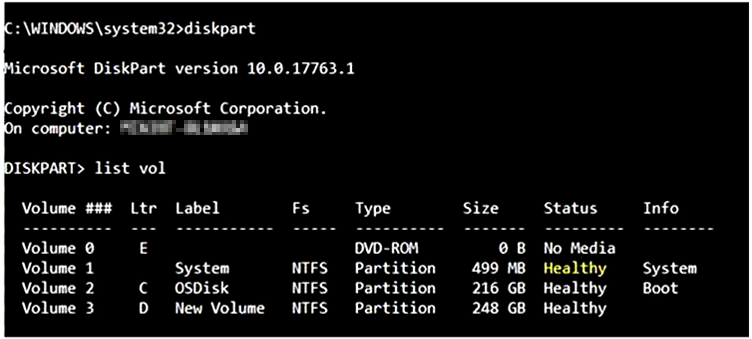 Diskpart からの list ボリューム コマンドの出力のスクリーンショット。