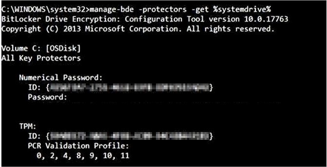 PCR 7 が存在しない場合の manage-bde コマンドの出力のスクリーンショット。