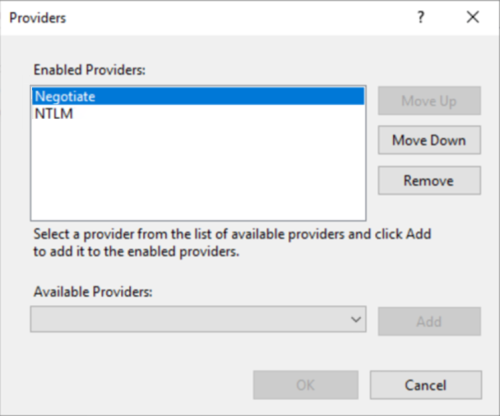 [有効なプロバイダー] に [ネゴシエート] が含まれていることを示す [プロバイダー] ウィンドウのスクリーンショット。