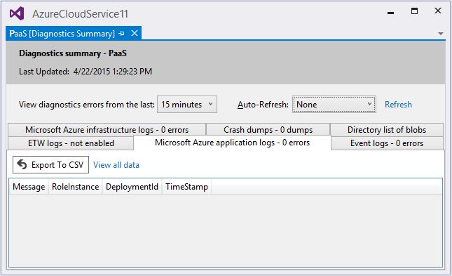 Visual Studio の Microsoft Azure Diagnostics レポート