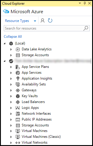 Cloud Explorer に一覧表示された Azure アカウントのリソース