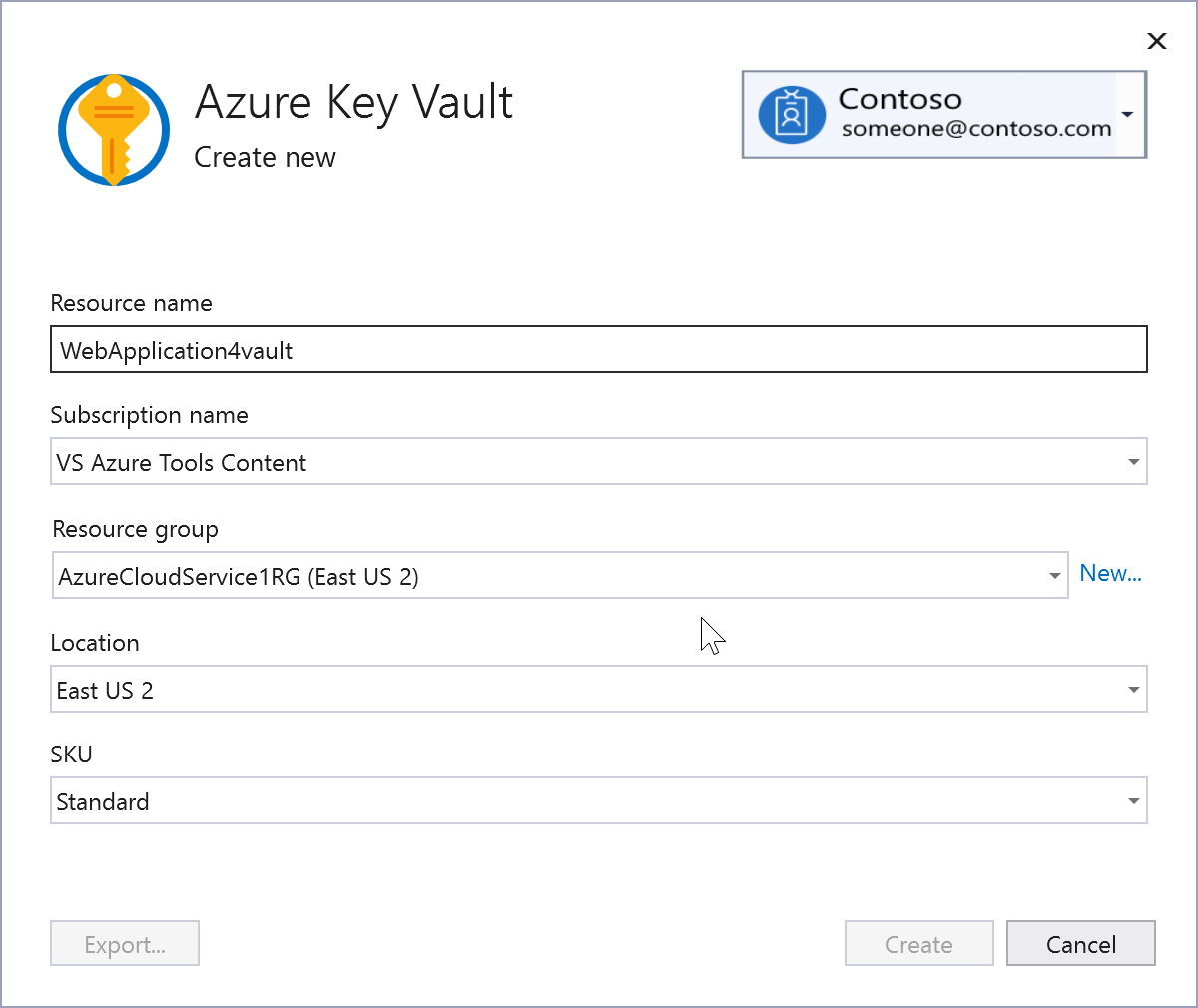 [Azure Key Vault の作成] 画面のスクリーンショット