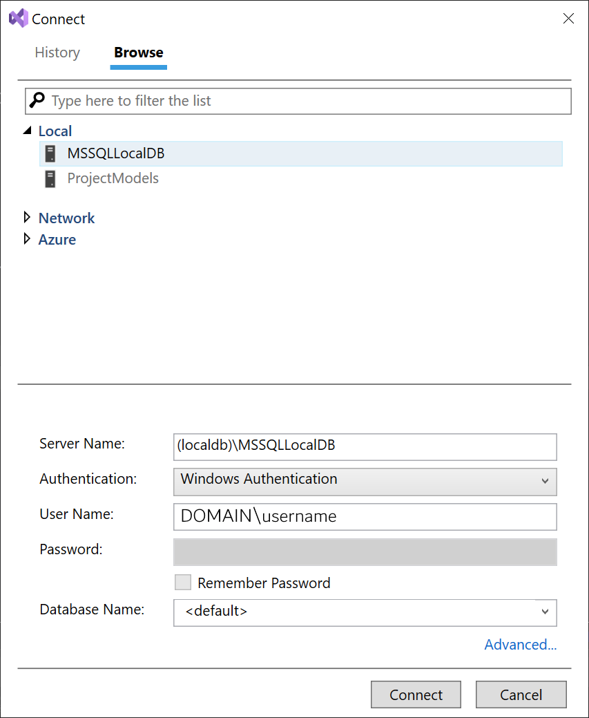 SQL Database に接続するダイアログのスクリーンショット