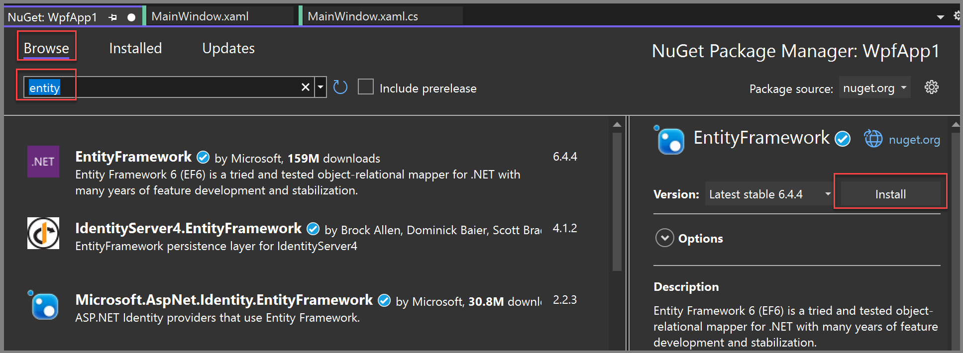 Entity Framework NuGet Package のスクリーンショット。