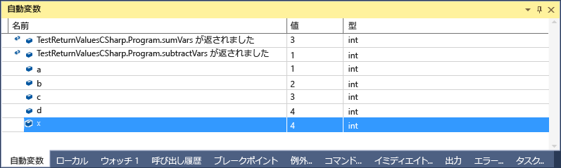 [自動変数] 戻り値 C# のスクリーンショット。