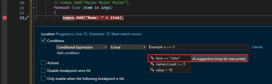 条件付きブレークポイントの Copilot 候補のスクリーンショット。
