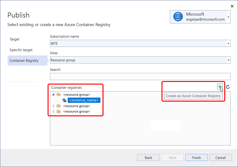 Azure Container Registry に公開するためのオプションを示すスクリーンショット。