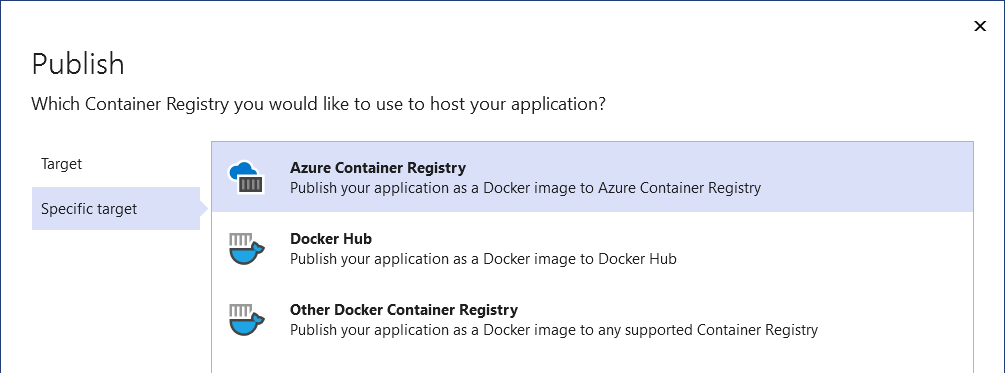 [Docker Container Registry への発行] オプションを示すスクリーンショット。