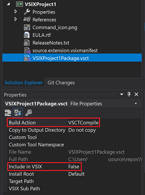 VSCT ファイルの選択されたプロパティを示すスクリーンショット。