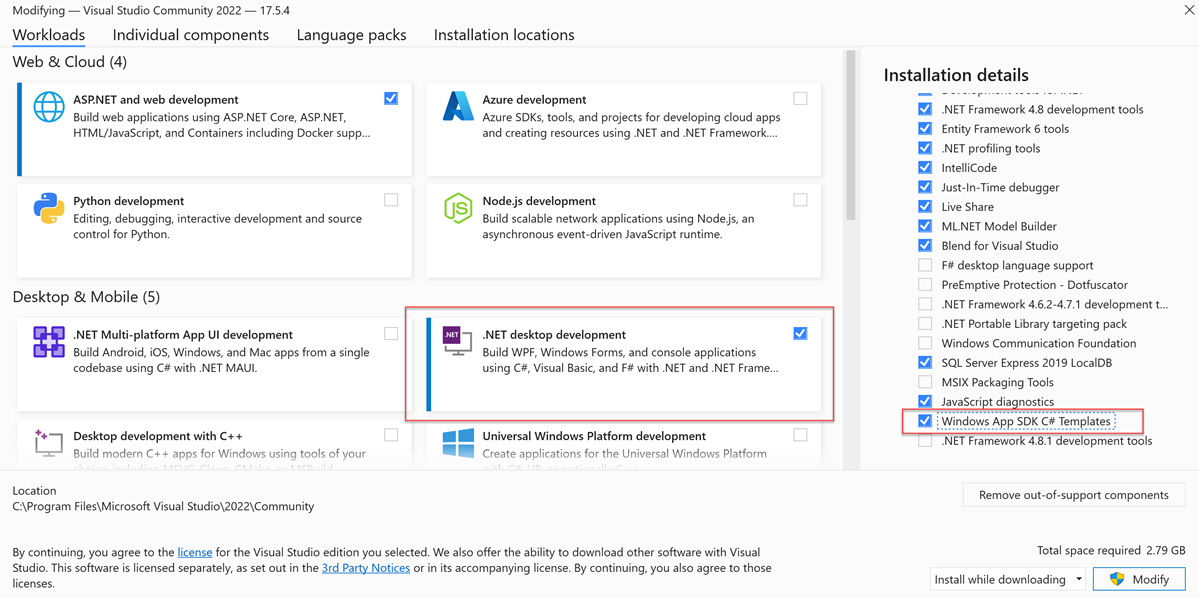 Screenshot of the Visual Studio Installer showing the .NET Desktop Development workload.