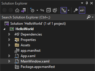 Screenshot of the Solution Explorer window showing the properties, references, assets, and files in the HelloWorld project. The file MainWindow.xaml is selected.