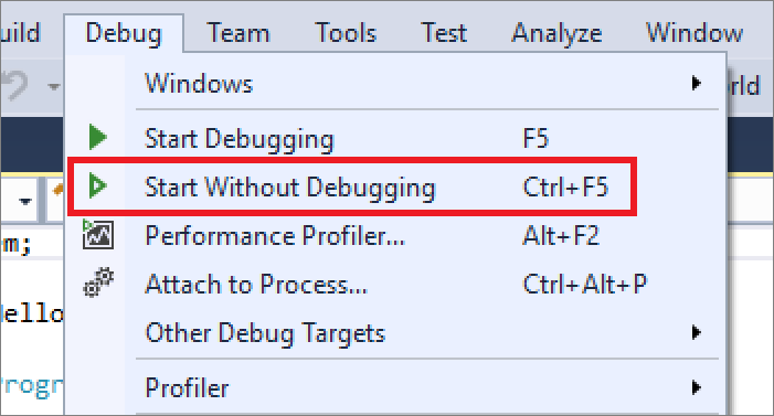 [デバッグ] > [デバッグなしで開始] メニュー項目を示すスクリーンショット。