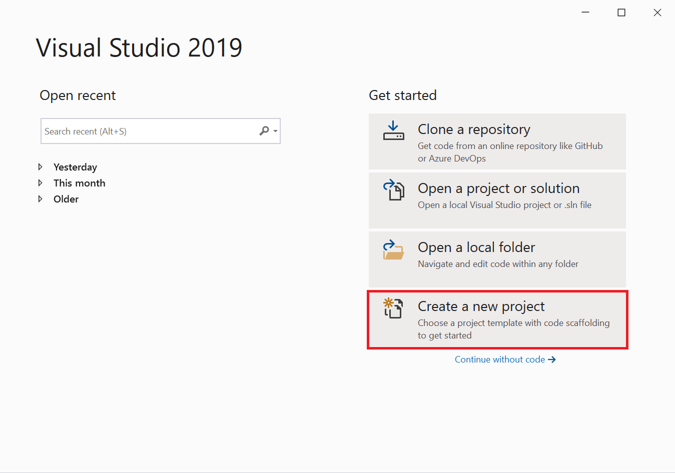 Visual Studio 2019 の [新しいプロジェクトの作成] ウィンドウのスクリーンショット。