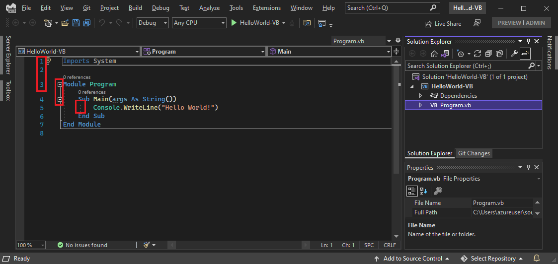 赤いボックスが表示された Visual Studio IDE を示すスクリーンショット。