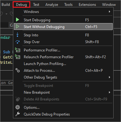 [デバッグ] > [デバッグなしで開始] メニュー項目を示すスクリーンショット。