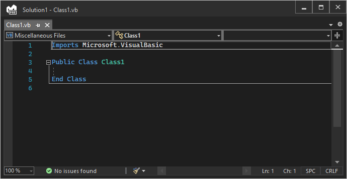 Screenshot showing a new Visual Basic class file in the Visual Studio code editor.