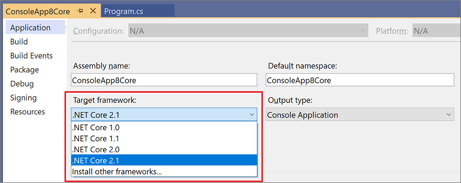 .NET Core プロジェクトのターゲット フレームワーク バージョン