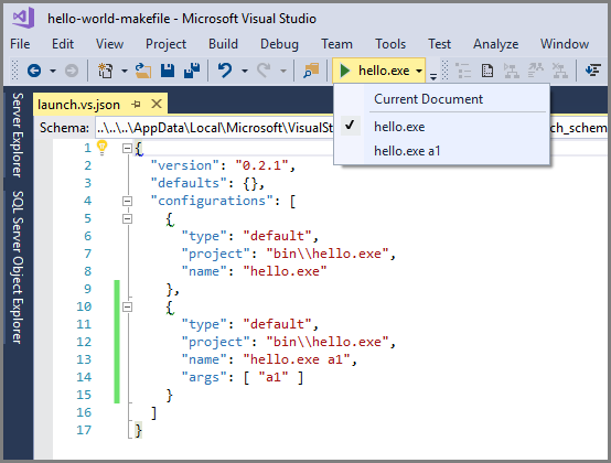 Visual Studio ソリューション エクスプローラーのデバッグ ターゲット ドロップダウン リストで使用可能な構成を示すスクリーンショット。