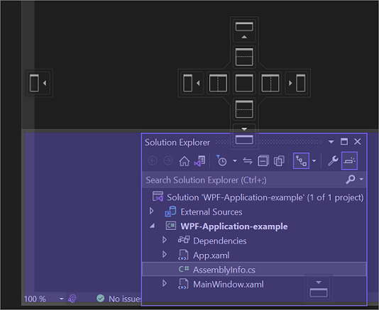 ソリューション エクスプローラーを新しい位置にドッキングするときに IDE に表示される内容を示すスクリーンショット。