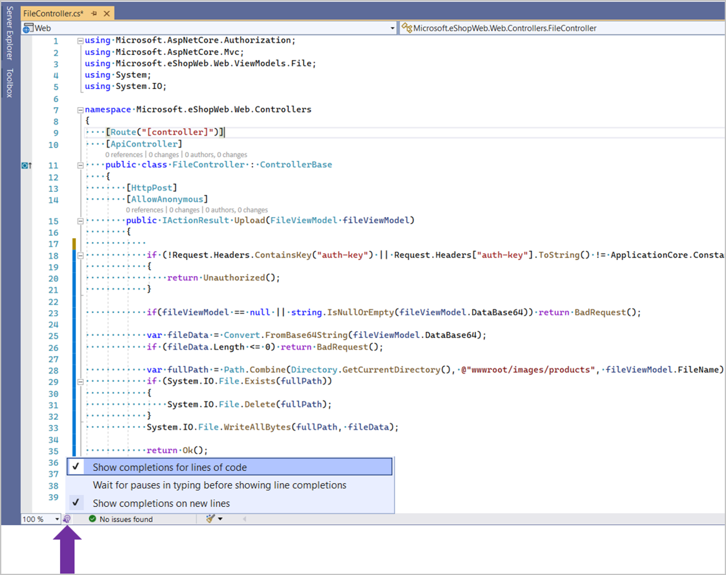 IntelliCode の行全体のオートコンプリートをオンまたはオフに切り替えるための設定のスクリーンショット。