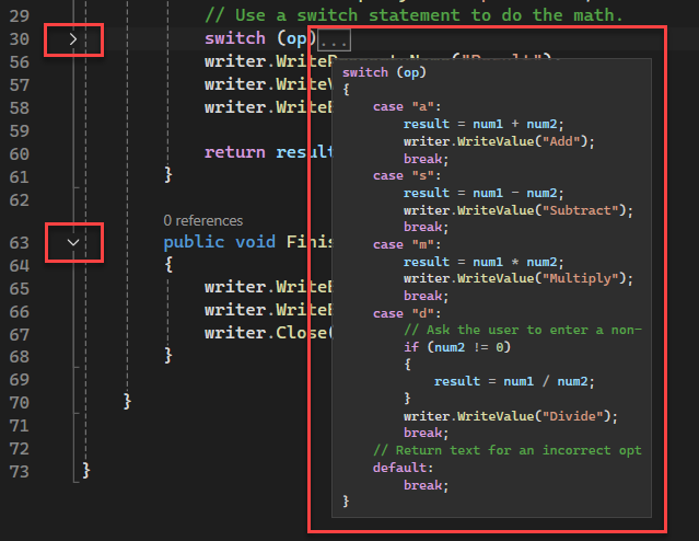 アウトラインの余白を示す折りたたまれたコードの例と、ツールヒントから表示される展開されたコードの例のスクリーンショット。