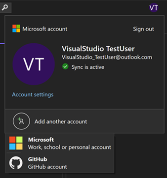 [別のアカウントを追加] オプションを使って GitHub アカウントを追加するスクリーンショット。