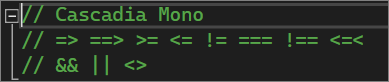 エディターの Cascadia Mono フォントの例のスクリーンショット。