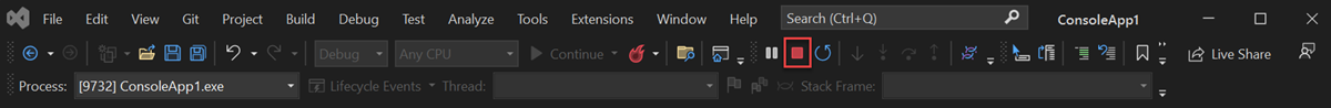 Screenshot of the Stop button in the debug toolbar.
