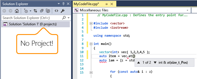 Visual C++ single file intellisense