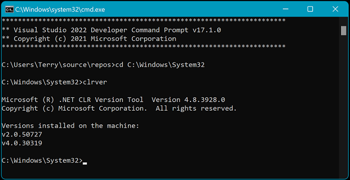 clrver ツールが表示された Visual Studio 2022 の開発者コマンド プロンプトのスクリーンショット