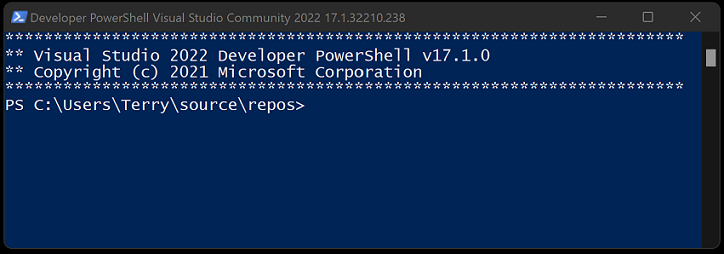 Visual Studio 2022 の開発者用 PowerShell ツールのスクリーンショット。