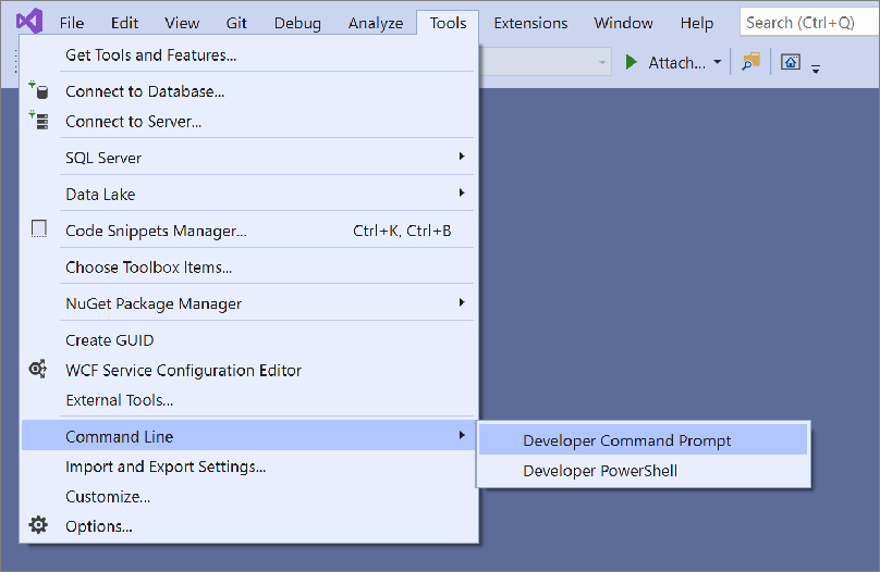 Visual Studio 2019 のコマンド ライン メニューのスクリーンショット。