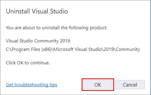 Visual Studio 2019 をアンインストールすることを確認するダイアログ ボックスを示すスクリーンショット。
